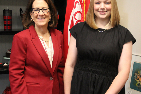 CLAIRE LaBADIE: The winner of the prestigious award for Monmouth seniors is pictured with Monmouth President Patricia Draves.