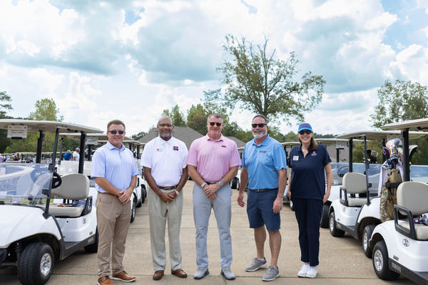Northwest and Ole Miss DeSoto administration with sponsors at 2+2 Golf Tournament Ritchie Hampton of Huntington Bank, Dr. Keith Reed of Northwest DeSoto, Dr. Ryan Niemeyer of Ole Miss, Michael Bellipani of Northcentral Electric Cooperative, April Hollifield-Scott of Ole Miss DeSoto. Photo by Sarah Smith-Hutchinson 