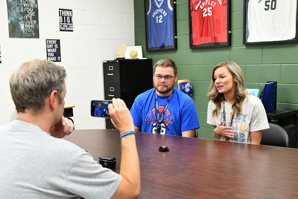 Lindsey Wilson Director of Annual Giving Travis Smith ’05 records a video message on Wednesday, Sept. 16, from Will and Samantha Smith, both 2015 alumni who serve at Adair County Elementary School, during the 48-hour All In for LWU campaign. The campaign raised $874,211 from more than 2,500 donors.