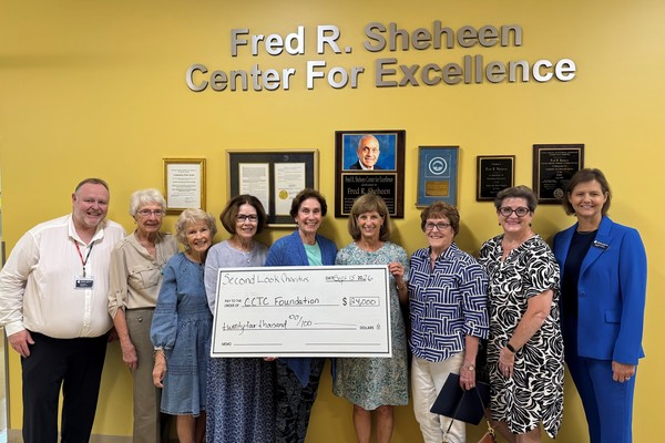 Second Look Charities board members present a check for support of the CCTC Foundation Scholarship program for academic year 2026-2027 to CCTC Foundation Development Officer Ken Kelleher (far left) and CCTC President Dr. Jennifer Wilbanks (far right) at the Fred R. Sheheen Center for Excellence Kershaw County campus.