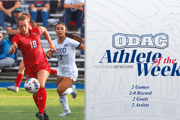 An ODAC Athlete of the Week graphic featuring an action shot of soccer player McKenna Newcome dribbling a ball past defenders.