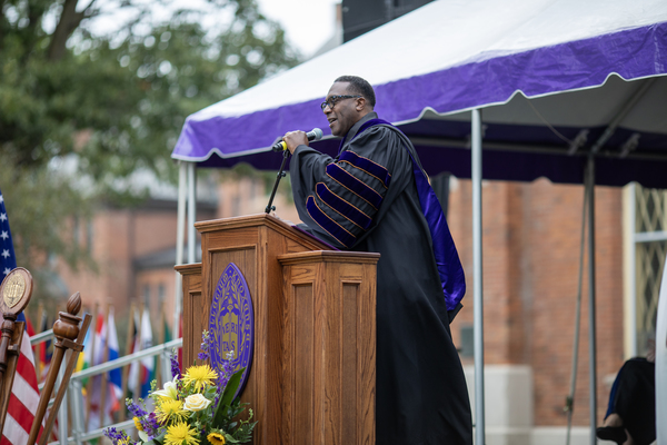 Knox College President C. Andrew McGadney addresses the crowd at Knox's Opening Convocation.