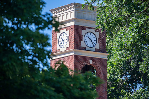 The top of the ETSU Foundation Carillon nestled among green trees against a clear blue sky.