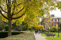 Fall foliage in a campus landscape with students walking in the distance.