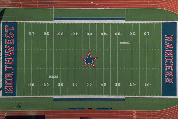 Bobby Franklin Field with updated BankFirst logos on the 25-yard line. Photo by Matthew Mixson.    FOR MORE IMAGE OPTIONS:   https://nwccimages.smugmug.com/Athletics/Football-/2026-27/Bobby-Franklin-Field-Updates/n-nBH69t