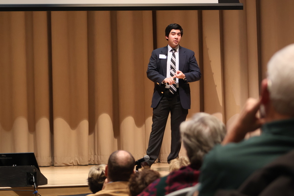 Brandon Haniff '26, founder of BH Botanicals and third-place winner of last year's Spark Bowl, pitching his company.