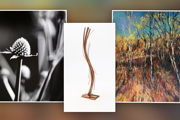 Three of the many pieces in the “Conversations” display at the Mills Gallery, from now to October 23. 