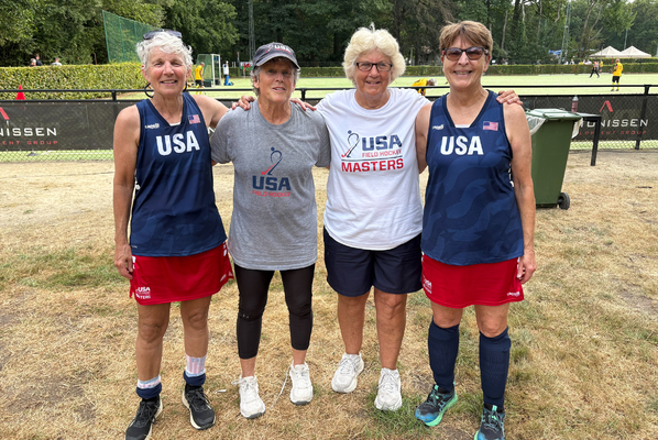 From left, are Jeanette (Newcomer) Arnold '83, Pam “Brillo” Sherry '78, Denise “Gobie” Gobrecht '79, and Pat Rudy ’77 at the 2026 World Masters Hockey World Cup.