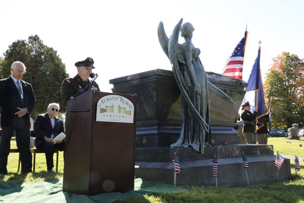 New York Army National Guard Maj. Gen. Patrick Clare, assistant adjutant general, Army for the New York National Guard,speaks at the gravesite of President Chester Arthur before placing a wreath from the White House, during a ceremony at Albany Rural Cemetery in Menands, New York on October 5, 2026. Since 1967 military officers have placed a wreath from the current president at the graves of their predecessors on their birthday. (U.S. Army National Guard photo by Stephanie Butler)