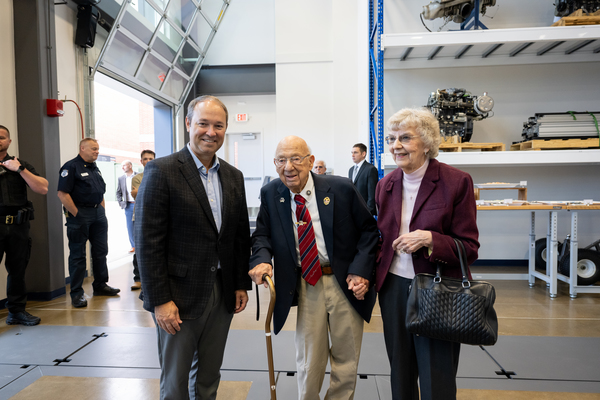 From left, Rep. Marlin Stutzman (R-3rd) stands with John and Mary Pellegrino following the dedication of the John and Mary Pellegrino Student Design Center on Friday, Oct. 2. The new facility provides more space for student design projects at Trine University, including the Artificial Intelligence Maritime Maneuver (AIMM) effort that Rep. Stutzman has supported. (Photo by Laura Pentecost / Trine University)
