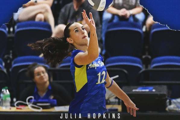 Action shot of Angelo State volleyball player Julia Hopkins with overlay of Lone Star Conference Player of the Week