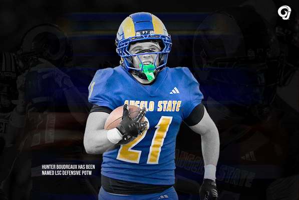Action shot of Angelo State linebacker Hunter Boudreaux in a LSC Player of the Week graphic