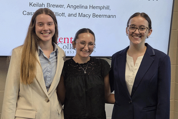 From left to right, Keilah Brewer, Cassie Elliott and Angelina Hemphill, Class of 2026, present their research at the 2026 ICA Conference (not pictured: Macy Beermann Harper, Class of 2026).