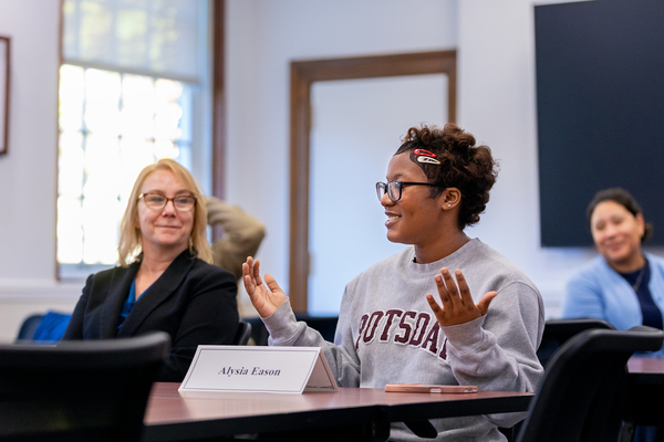 Alysia Eason ’29 speaks during a roundtable discussion about the expansion of the Advancing Completion through Engagement (ACE) program at SUNY Potsdam on Oct. 19.