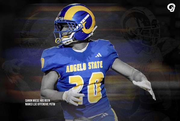 Action shot of Angelo State running back Canon Wiese in a LSC Player of the Week graphic