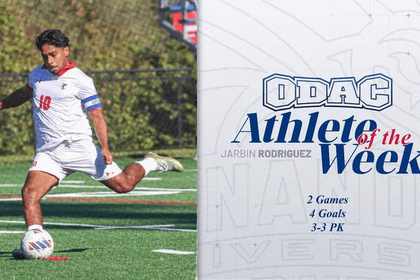 An ODAC Athlete of the Week graphic featuring a game photo of Shenandoah men's soccer player Jarbin Rodriguez kicking a ball.