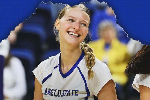 Action shot of Angelo State volleyball player Hannah Barnhill in a LSC Player of the Week graphic