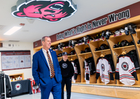 New York State Assemblyman Scott Gray tours the Potsdam Bears women’s hockey locker room with Head Coach Rachel Corbett.
