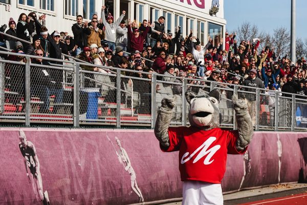 Marti the Mule stands in front of fans at Scotty Wood Stadium