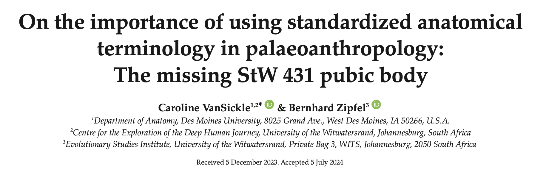 Screenshot of article title: On the importance of using standardized anatomical terminology in palaeoanthropology: The missing StW 431 pubic body