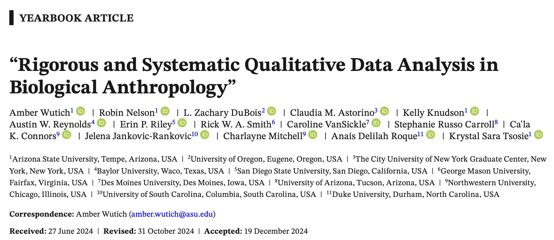 Screenshot of article title, Rigorous and Systematic Qualitative Data Analysis in Biological Anthropology, and author list