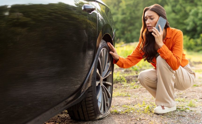 A woman crouched down next to her vehicle while on the phone. She is looking at her flat tire.