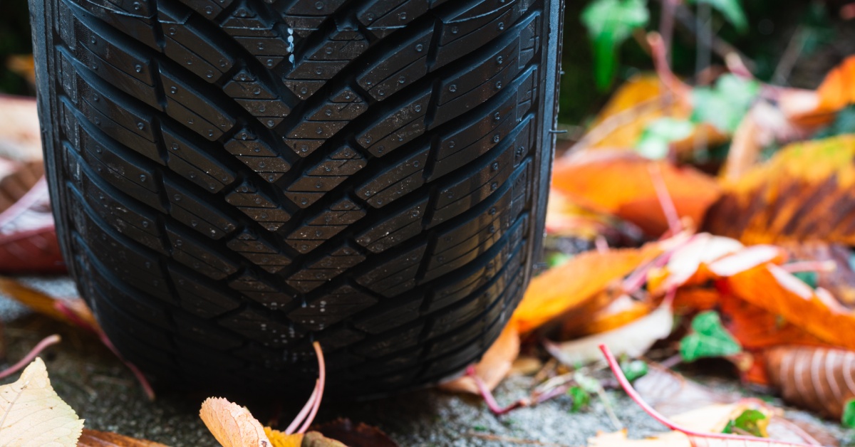 A car tire is parked with fallen leaves surrounding it. The tire tread is clean and has no damage or marks.