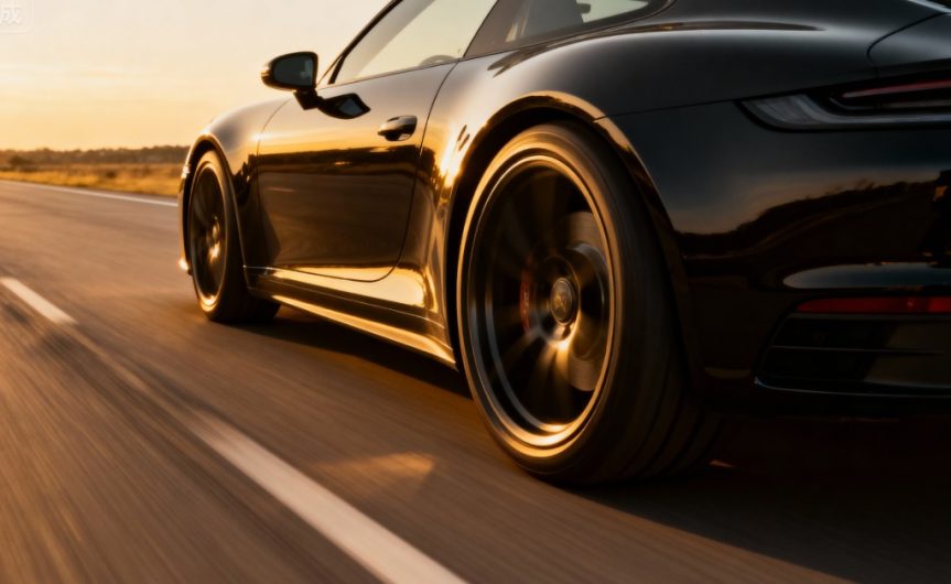 A rear and side view of a black two-door sports car driving on an empty two-lane road with the sun setting.