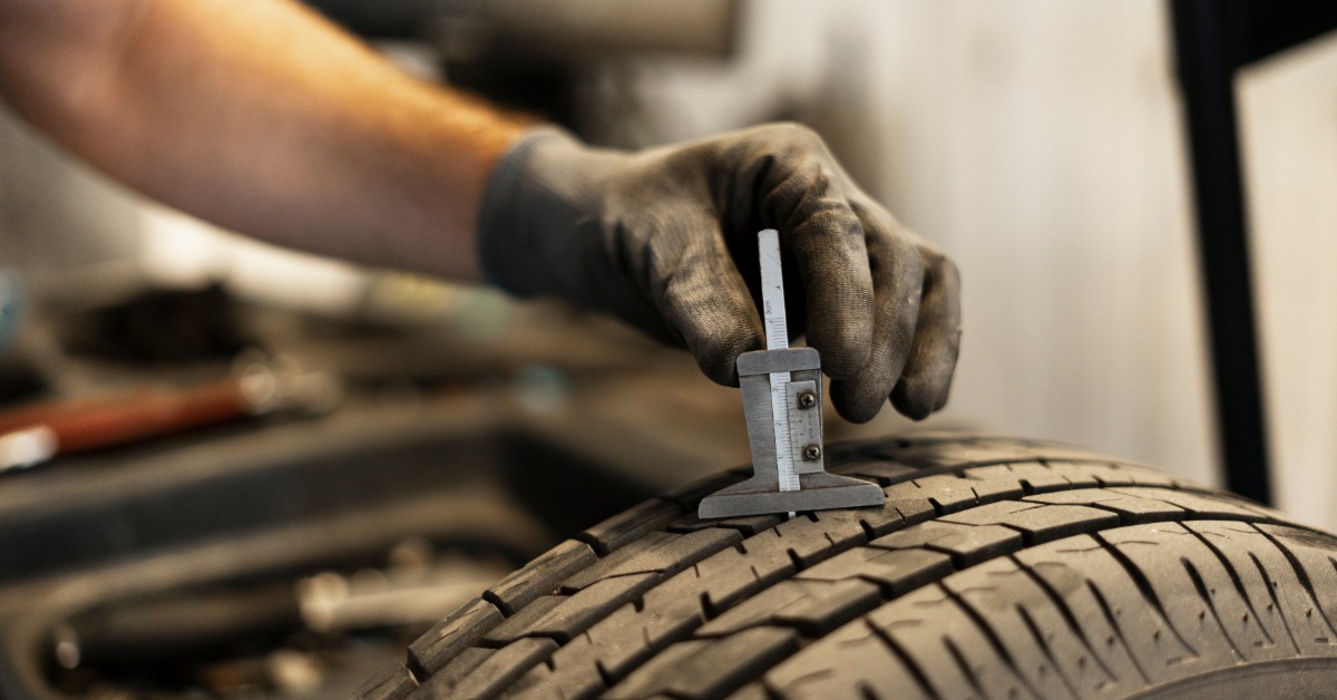 A close-up of a man's hand with a glove using a tire tread depth tool to measure the tread depth of a tire.