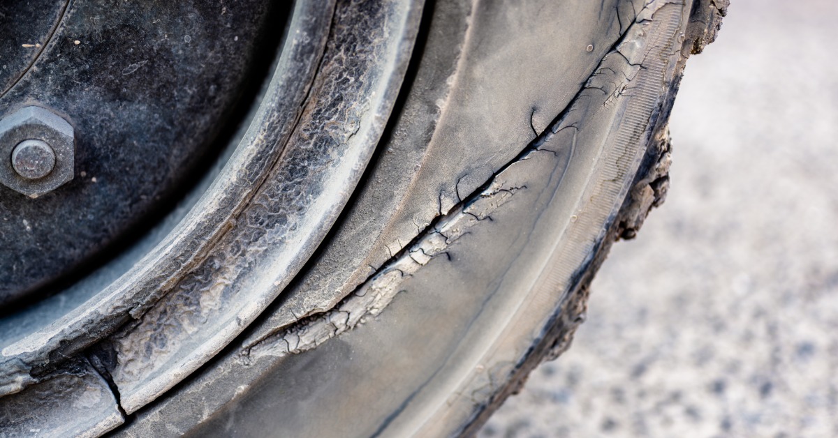 A damaged tire with visible wear and tear on it. There is a large crack extending across the entire sidewall.