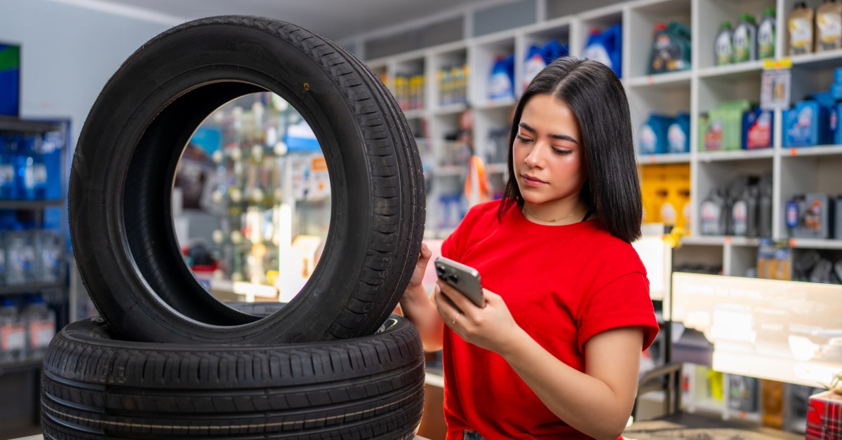 A young woman in a red t-shirt and jeans looks at her smartphone while standing next to two car tires on a counter.