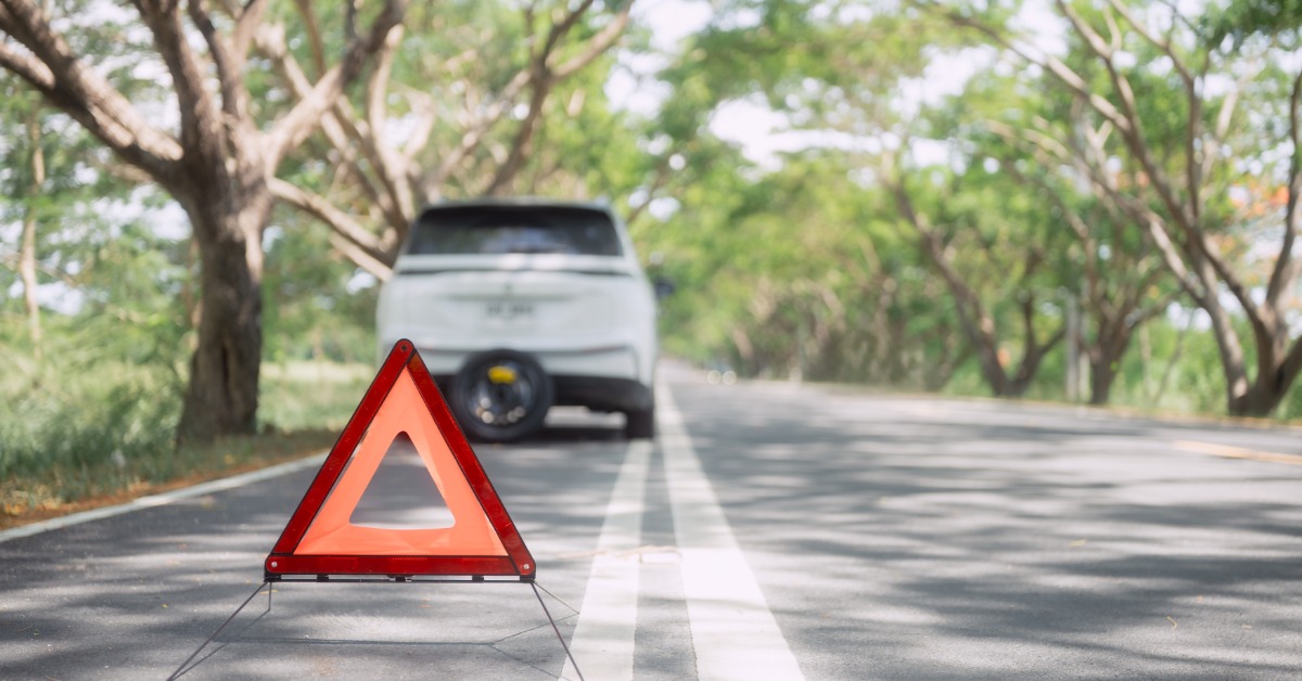 A red warning triangle standing on a tree-lined road with a white car stopped behind it in the distance.