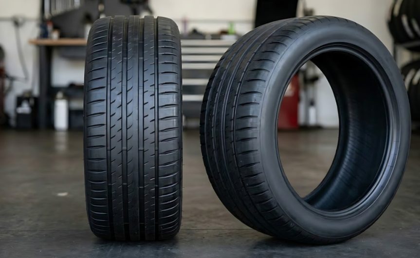 Two black tires standing upright in the middle of a brightly lit tire shop. A rack of tires sits against a nearby wall.