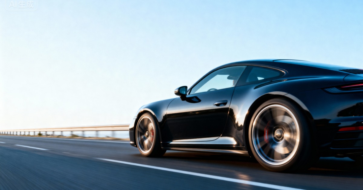 A sleek, clean, black car driving fast down the open road on a bright, sunny day with a clear blue sky.