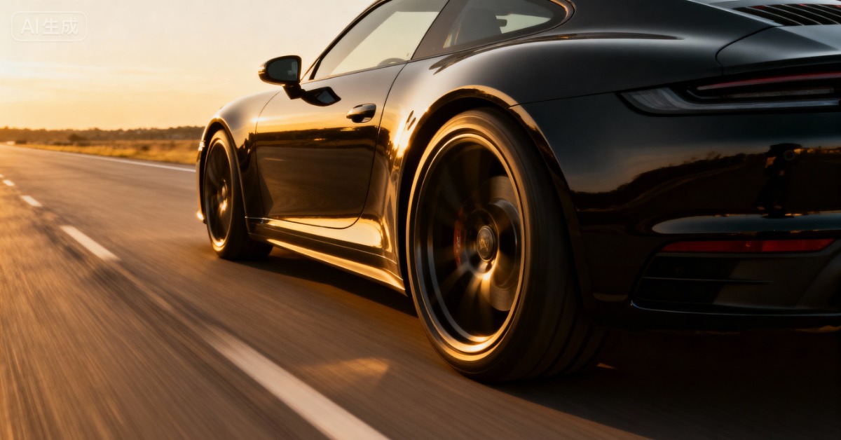 A close-up rear and side view of a black, two-door sports car with black wheels driving on a two-lane road at sunset.