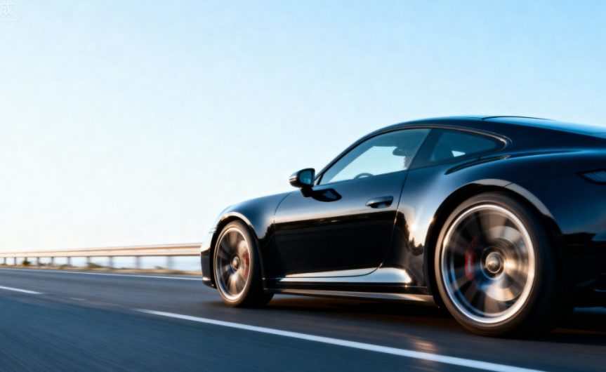 A black sports coupe traveling along a paved highway beside a metal guardrail beneath a clear pale blue sky.