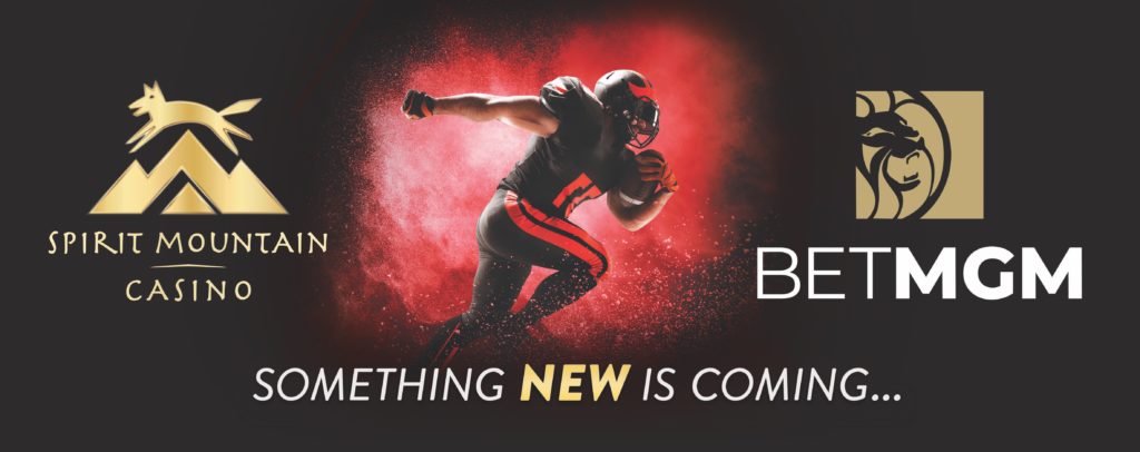 Spirit Mountain Casino and BetMGM logo with a football player in the center