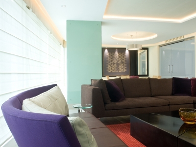 Living room love seat and sheer.