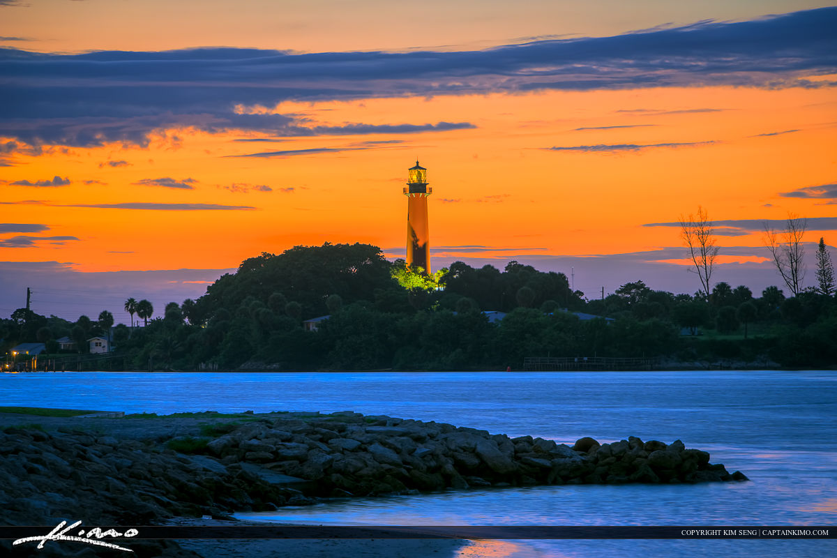 Sunset Jupiter Lighthouse from Dubois Park Royal Stock Photo