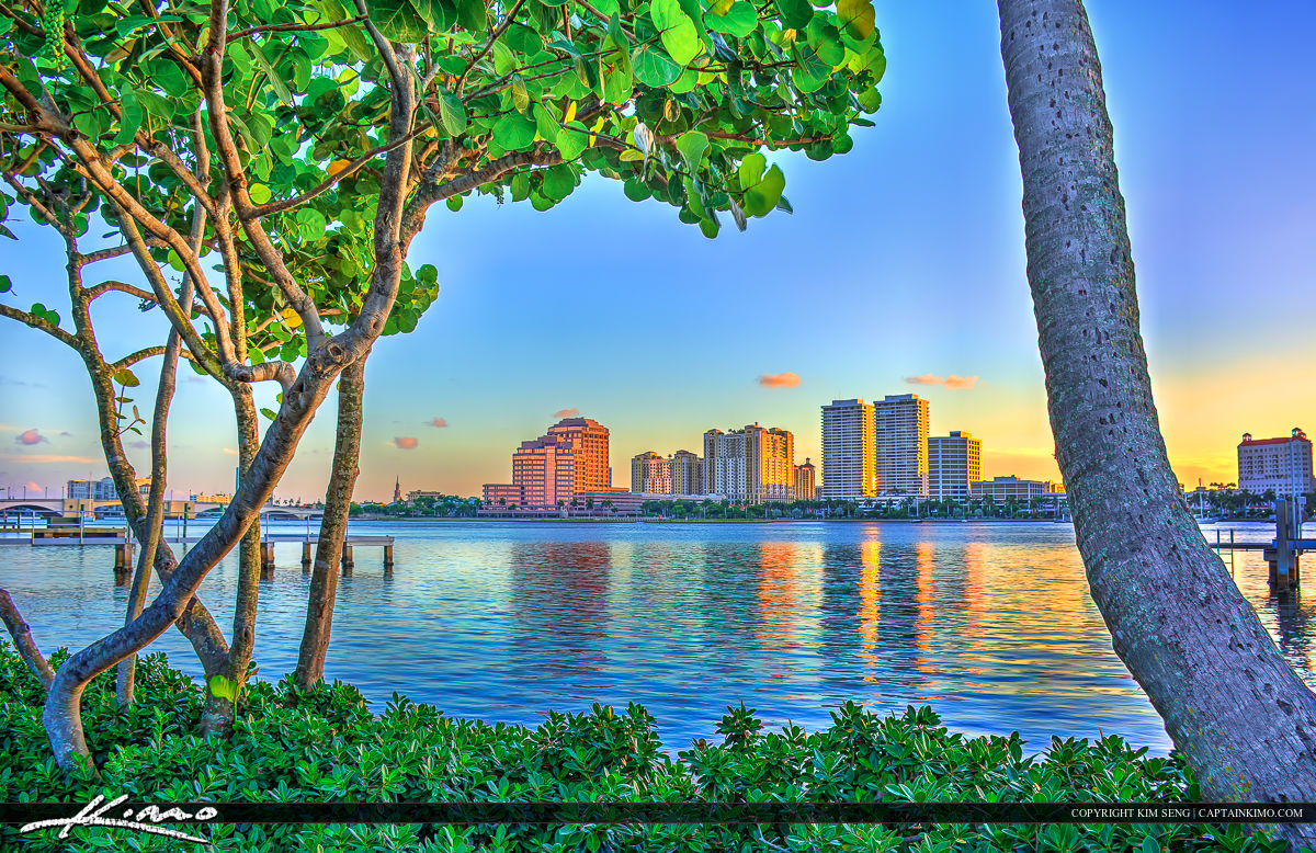 WPB City Skyline from Bike Trail in Palm Beach Island Royal Stock Photo