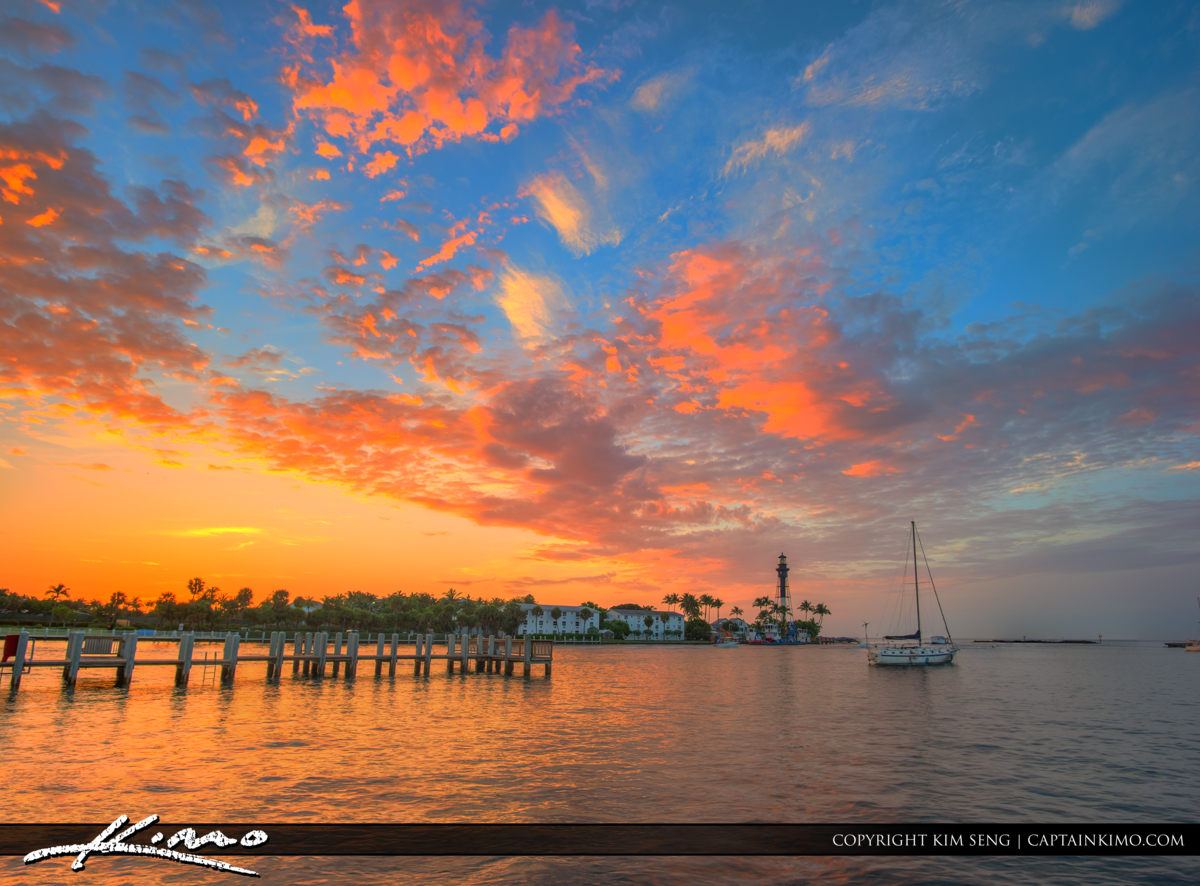 Hillsboro Inlet Lighthouse Pompano Beach Pier and Sailboat Color