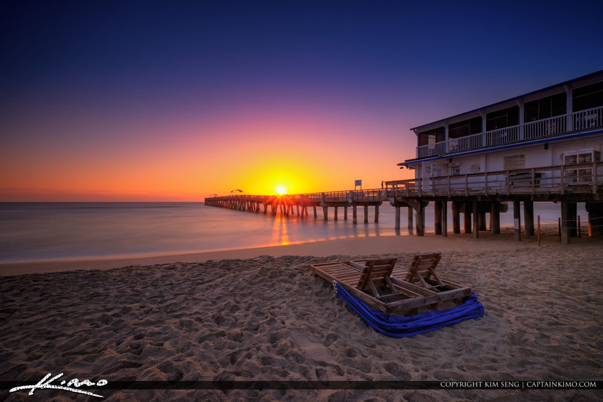 Lake Worth Pier Sunrise Smooth Ocean at Beach Royal Stock Photo