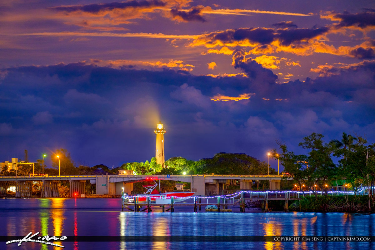 Jupiter Lighthouse Full Moon Rise Christmas Light Glowing Royal Stock