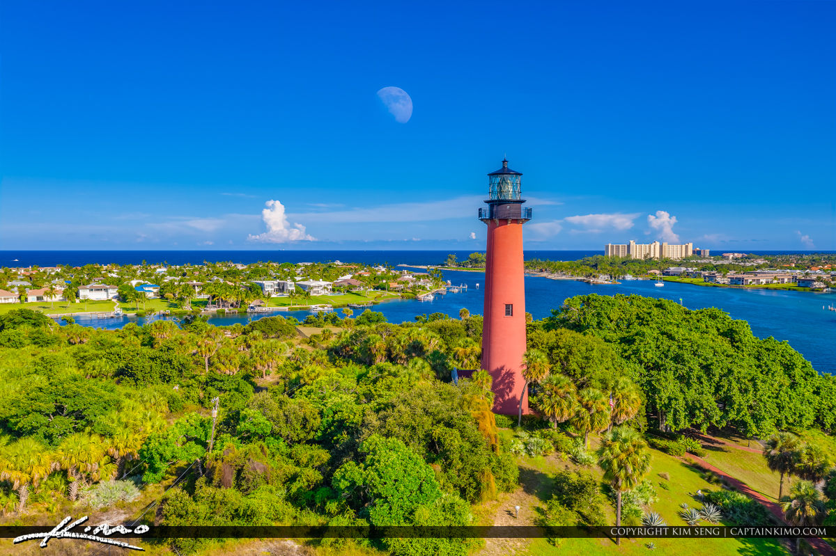 Jupiter Inlet Lighthouse Florida Aerial Moonrise Waterway Royal Stock