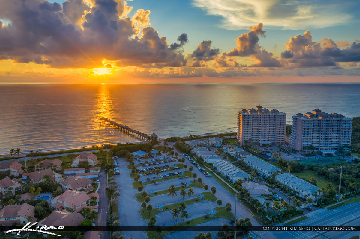 Golden Sunrise Juno Beach Pier Florida Aerial Royal Stock Photo