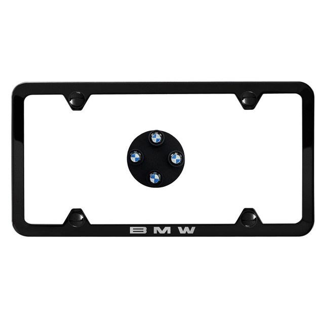 82122456416 - Exterior: Black Slimline Plate Frame and BMW Roundel for BMW: 230i, 230i xDrive, 320i, 320i xDrive, 328d, 328d xDrive, 330e, 330i, 330i GT xDrive, 330i xDrive, 340i, 340i GT xDrive, 340i xDrive, 430i, 430i xDrive, 440i, 440i xDrive, 530i, 530i xDrive, 540d xDrive, 540i, 540i xDrive, 640i, 640i Gran Coupe, 640i xDrive, 640i xDrive Gran Coupe, 640i xDrive Gran Turismo, 650i, 650i Gran Coupe, 650i xDrive, 650i xDrive Gran Coupe, 740i, 740i xDrive, 750i, 750i xDrive, 840i, Alpina B6 xDrive Gran Coupe, Alpina B7, M2, M240i, M240i xDrive, M3, M340i, M4, M5, M550i xDrive, M6, M6 Gran Coupe, M760i xDrive, M8, X1, X2, X3, X4, X5, X6, X7, Z4 Image