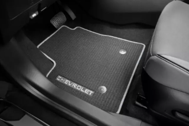 First and Second-Row Premium Carpeted Floor Mats in Jet Black with Medium Ash Gray Binding and Chevrolet Script for FWD Models