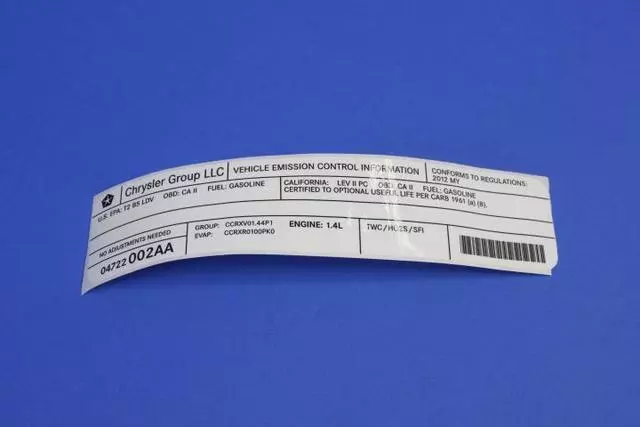Vehicle Emission Control Information Label