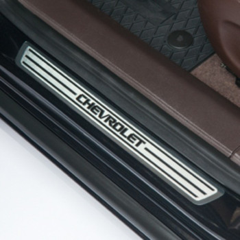 Front Door Sill Plates in Brushed Satin with Chevrolet Script in Black