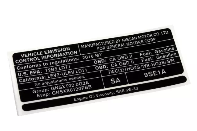 確認用 19317921 - Vehicle Emission Control Information Label 2016